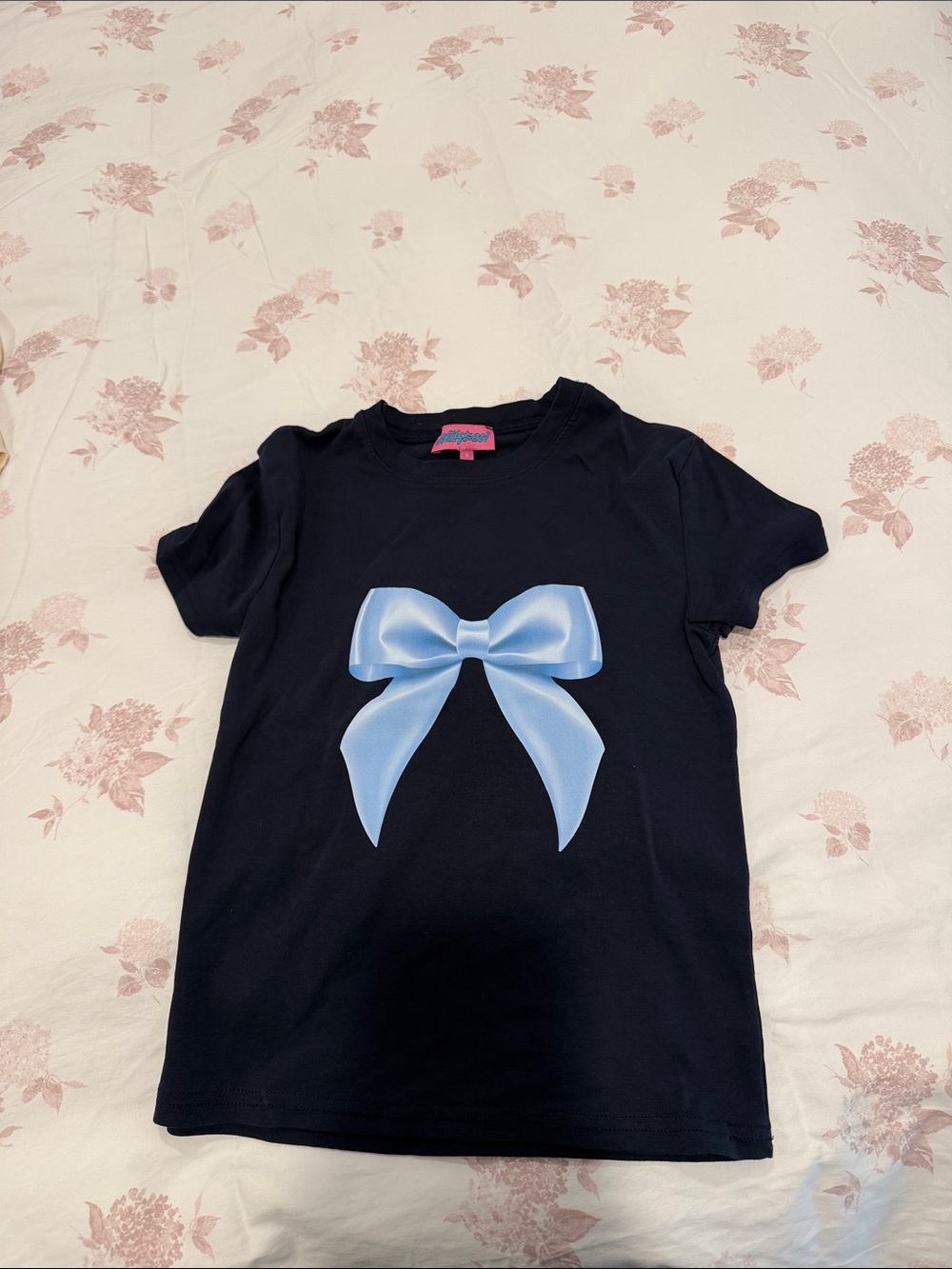 Edikted Navy Short Sleeve Tee with Light Blue Bow Graphic